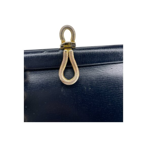 Vintag Leather Handbag Goldtone Hardware Clamshell Closure Navy Blue - Picture 4 of 8
